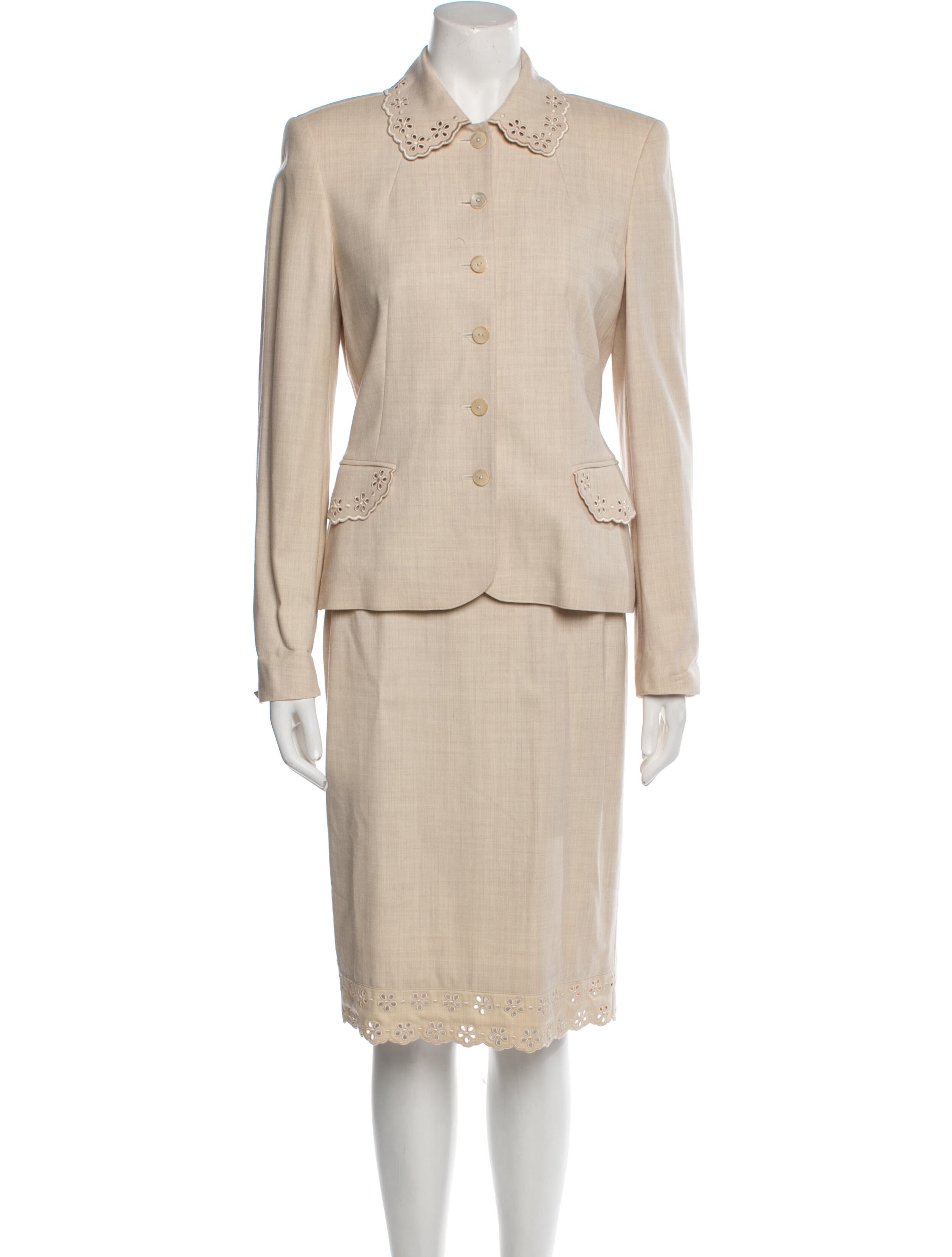 Escada Virgin Wool Eyelet Trim Skirt Suit
