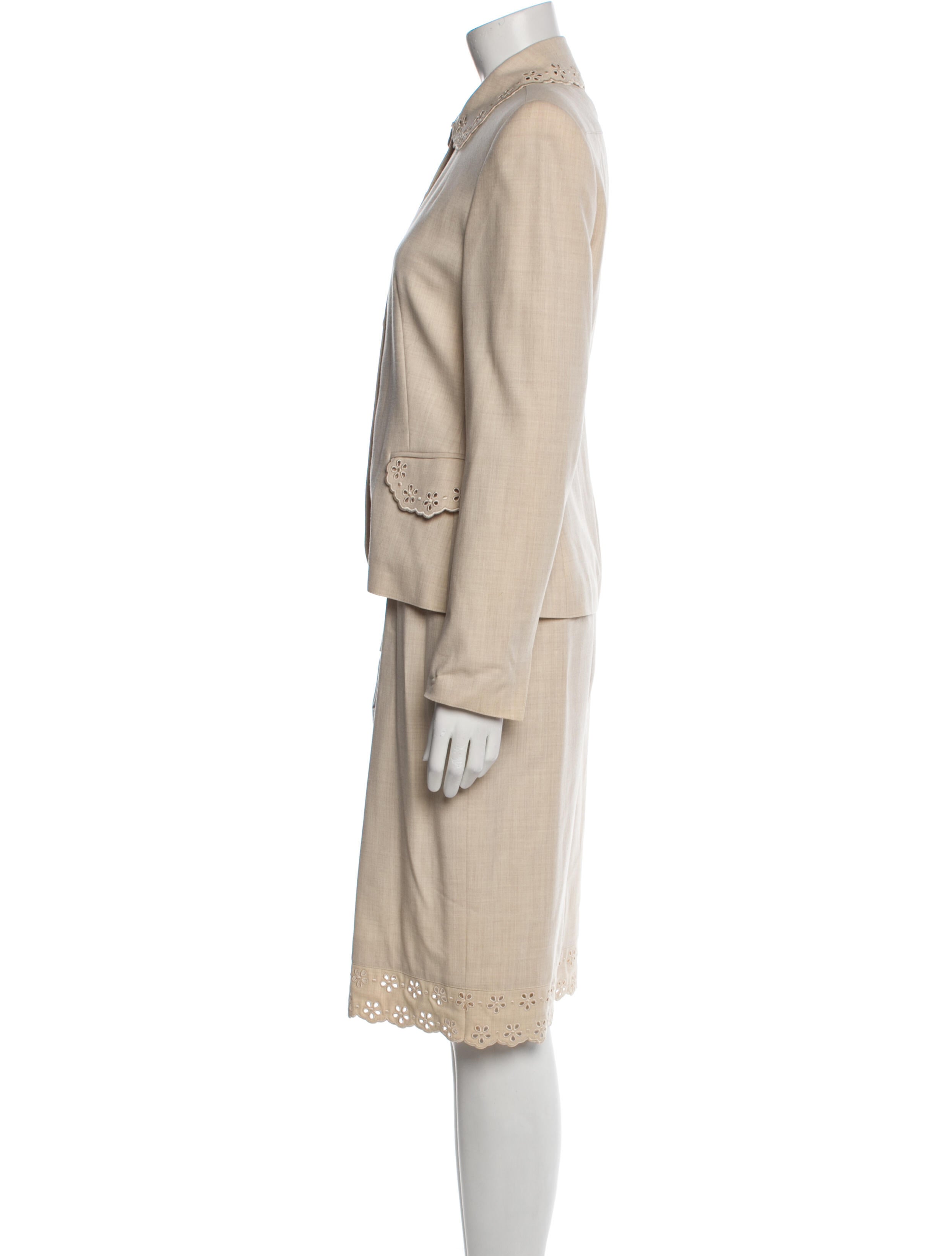 Escada Virgin Wool Eyelet Trim Skirt Suit