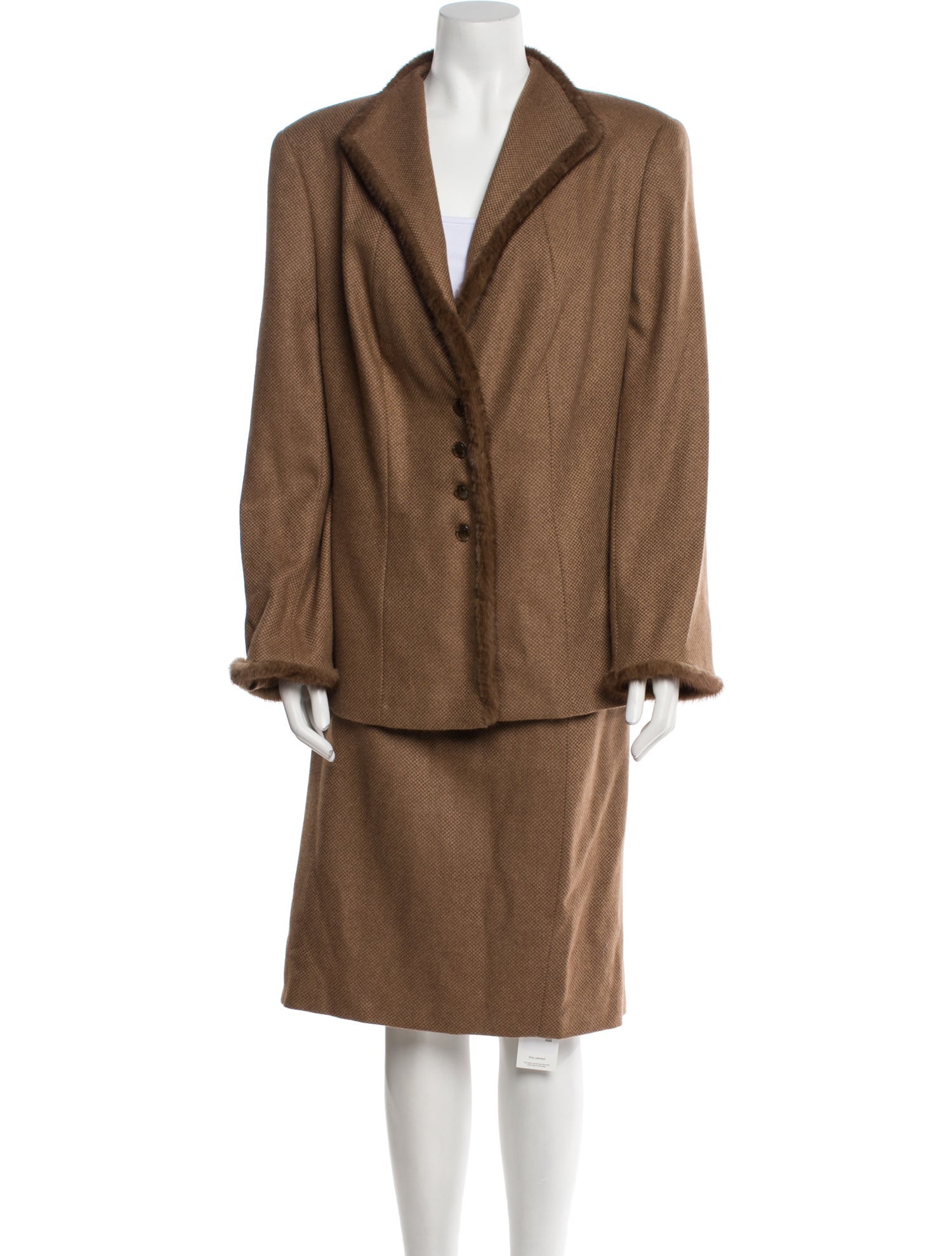 Escada Camel Leather Tweed Pattern Skirt Suit