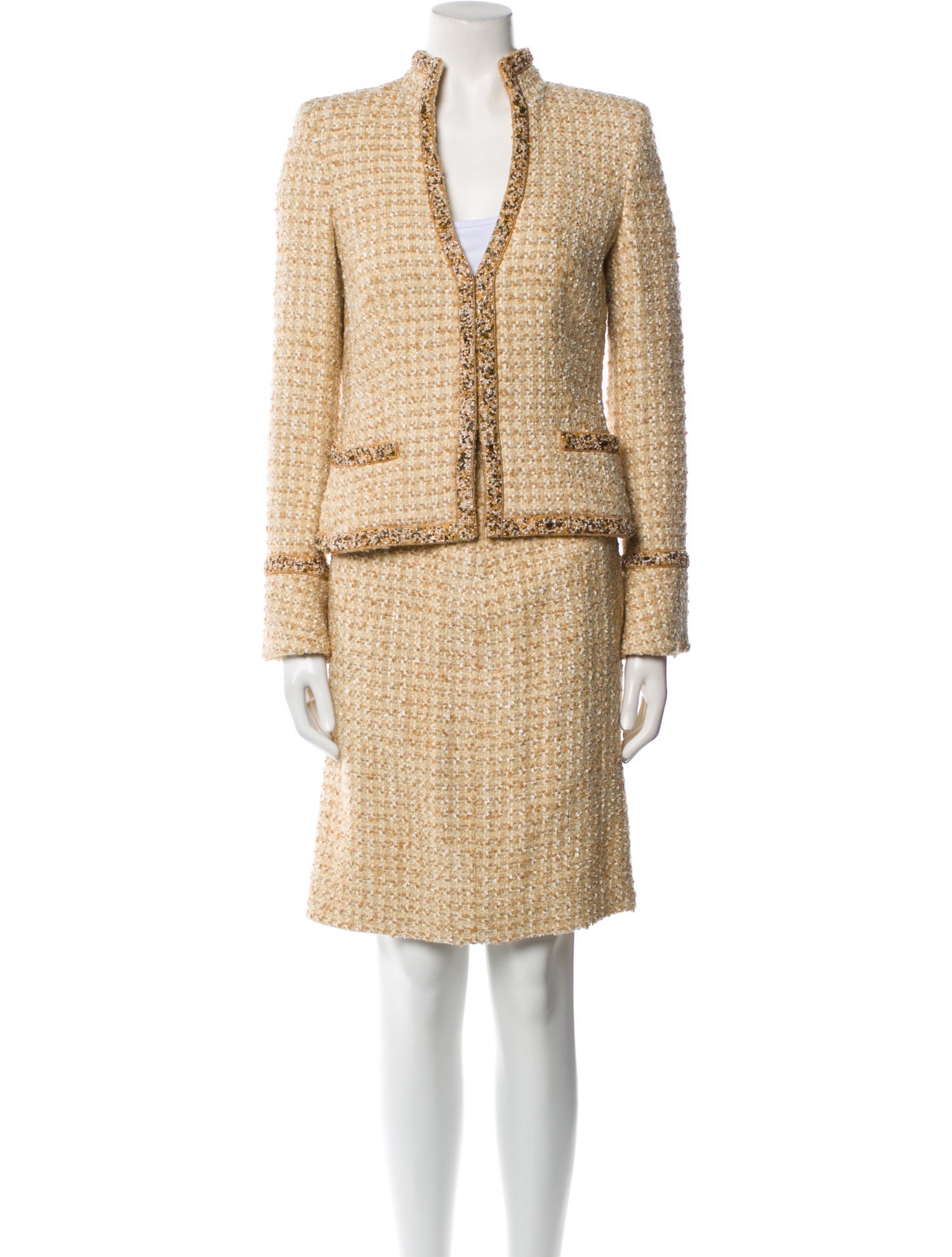 Escada Tweed Pattern Beaded Accents Skirt Suit