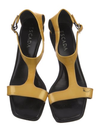 Escada Patent Leather Printed T-Strap Sandals