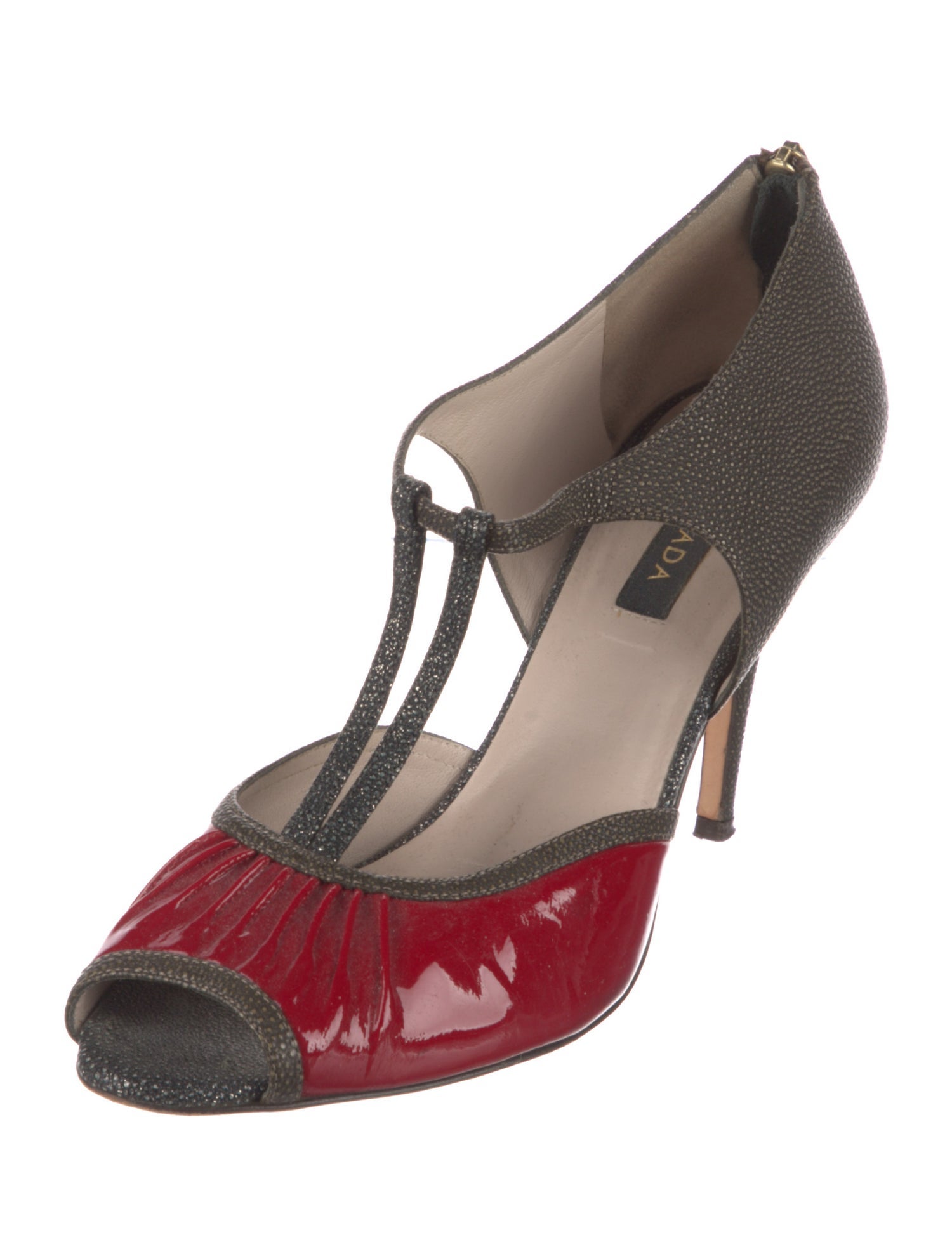 Escada Patent Leather Colorblock Pattern T-Strap Pumps