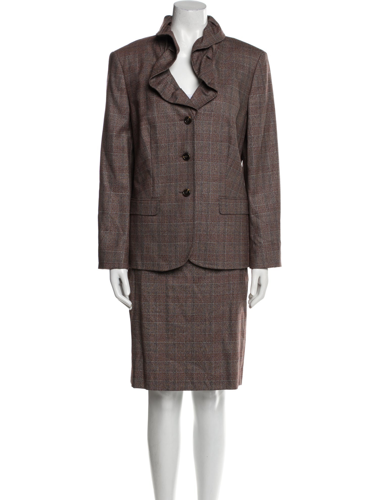 Escada Virgin Wool Plaid Print Skirt Suit