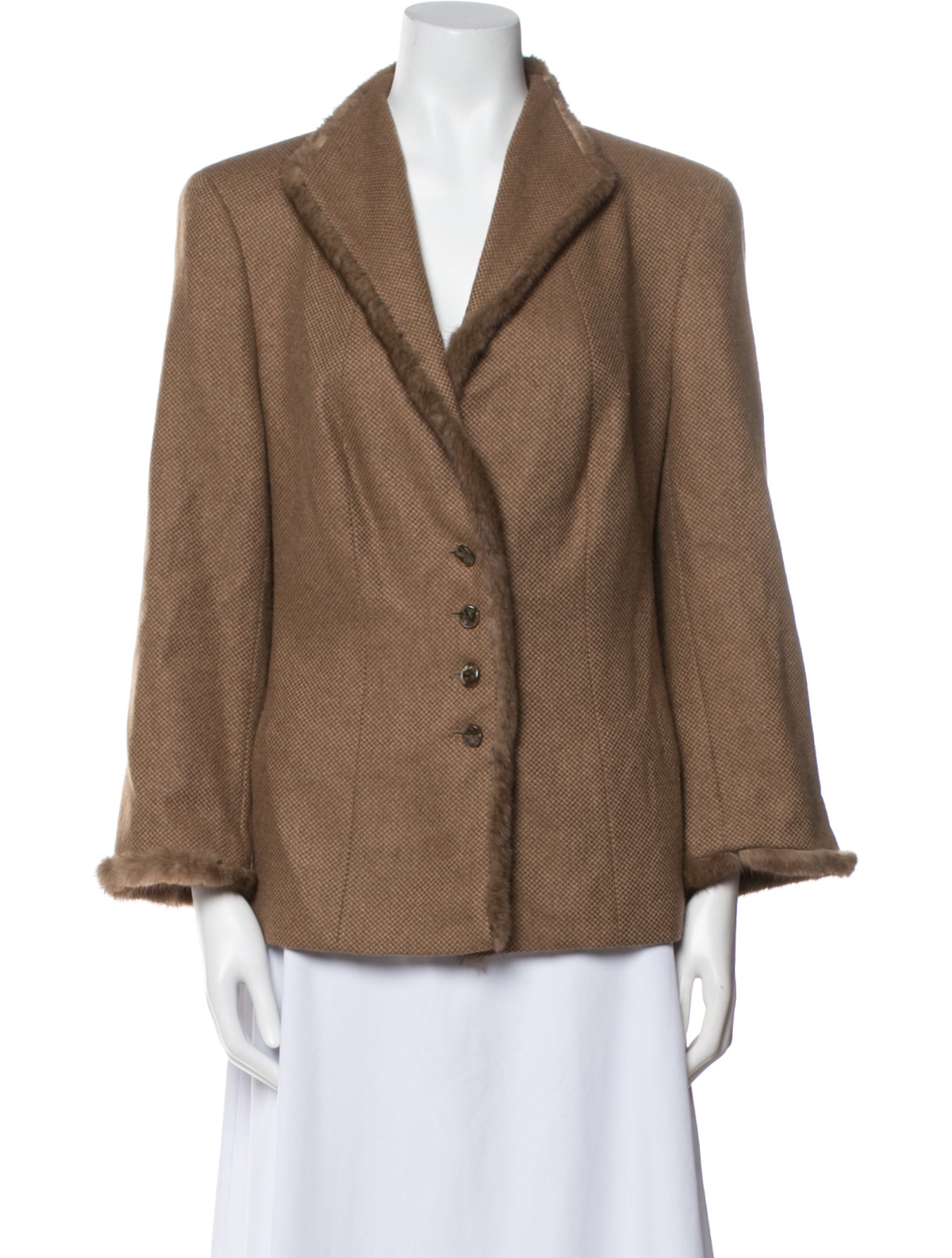 Escada Camel Hair Plaid Print Fur Jacket