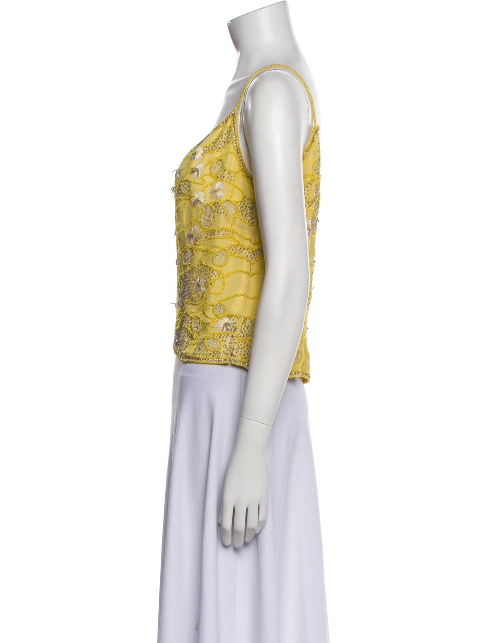 Escada Silk Crop Top Yellow Patterned Beaded, Seq… - image 2