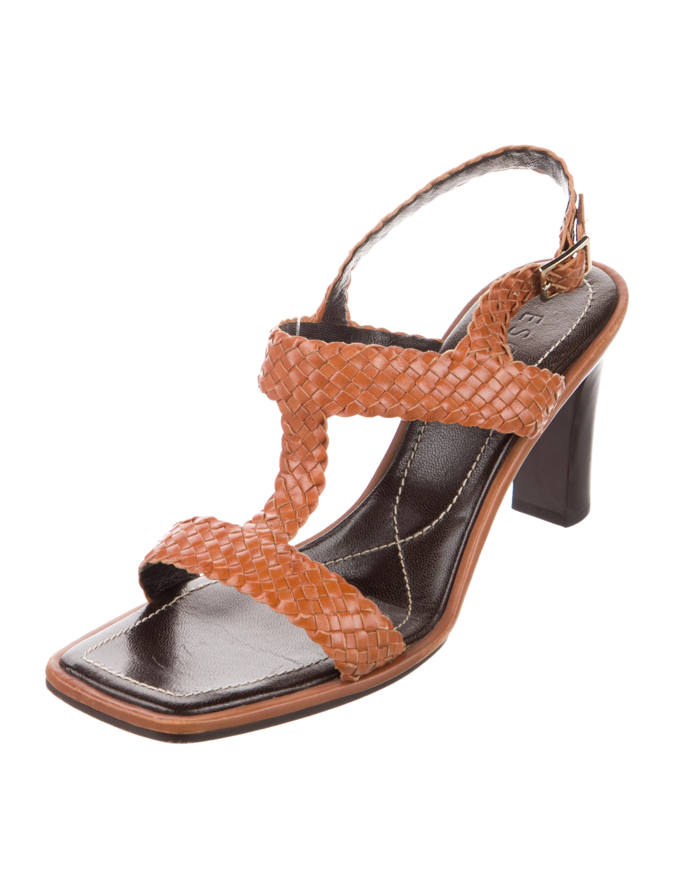 Escada Leather Braided Accents T-Strap Sandals