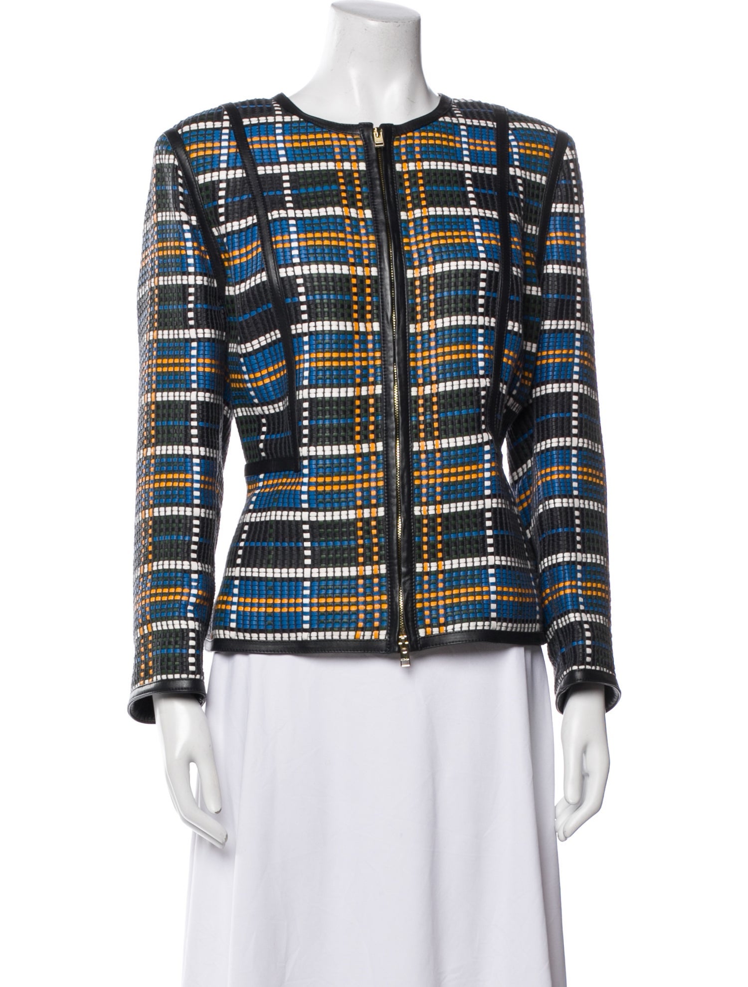 Escada Leather Plaid Print Jacket