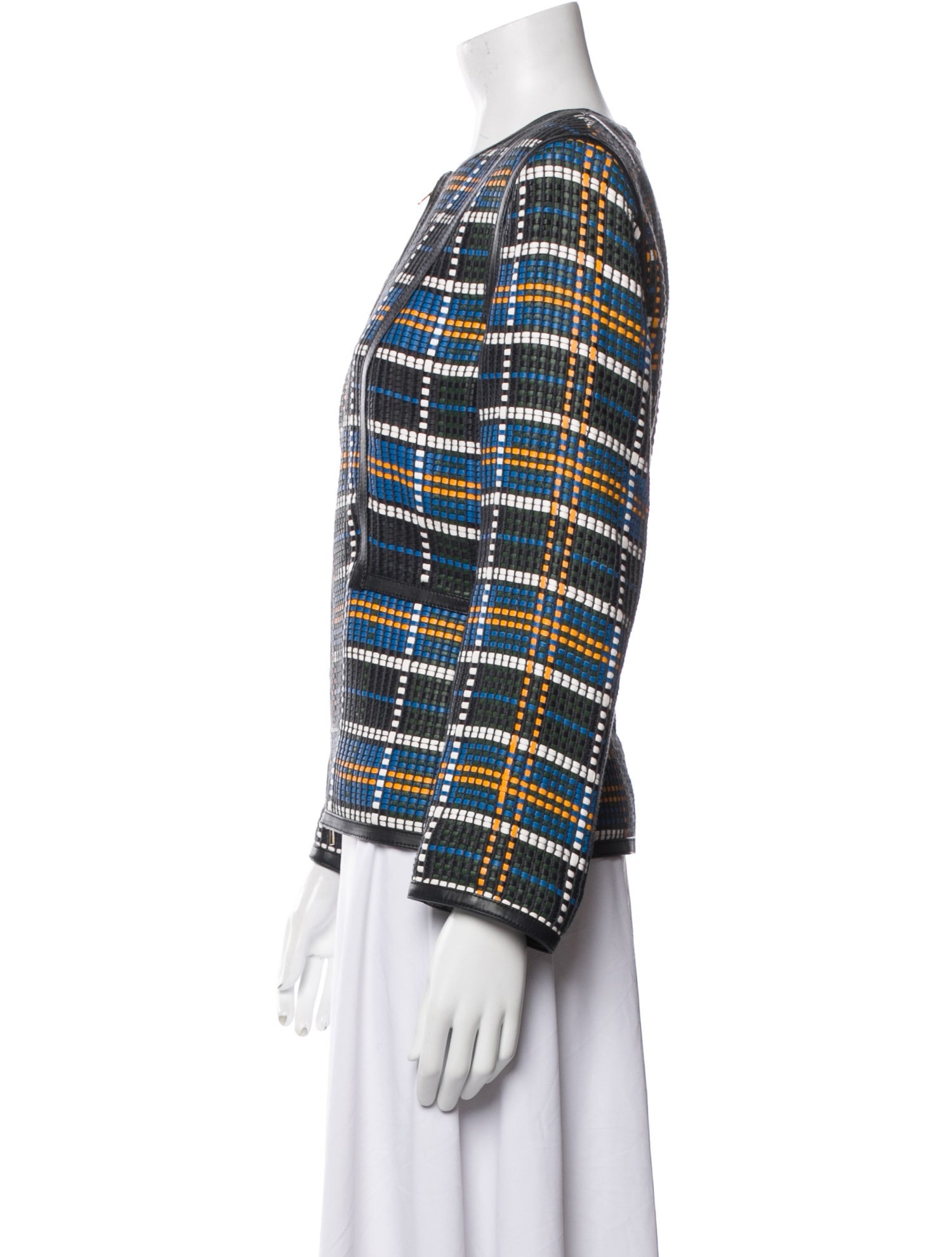 Escada Leather Plaid Print Jacket