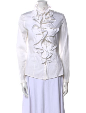 Escada Chambray Mock Neck Button-Up Top