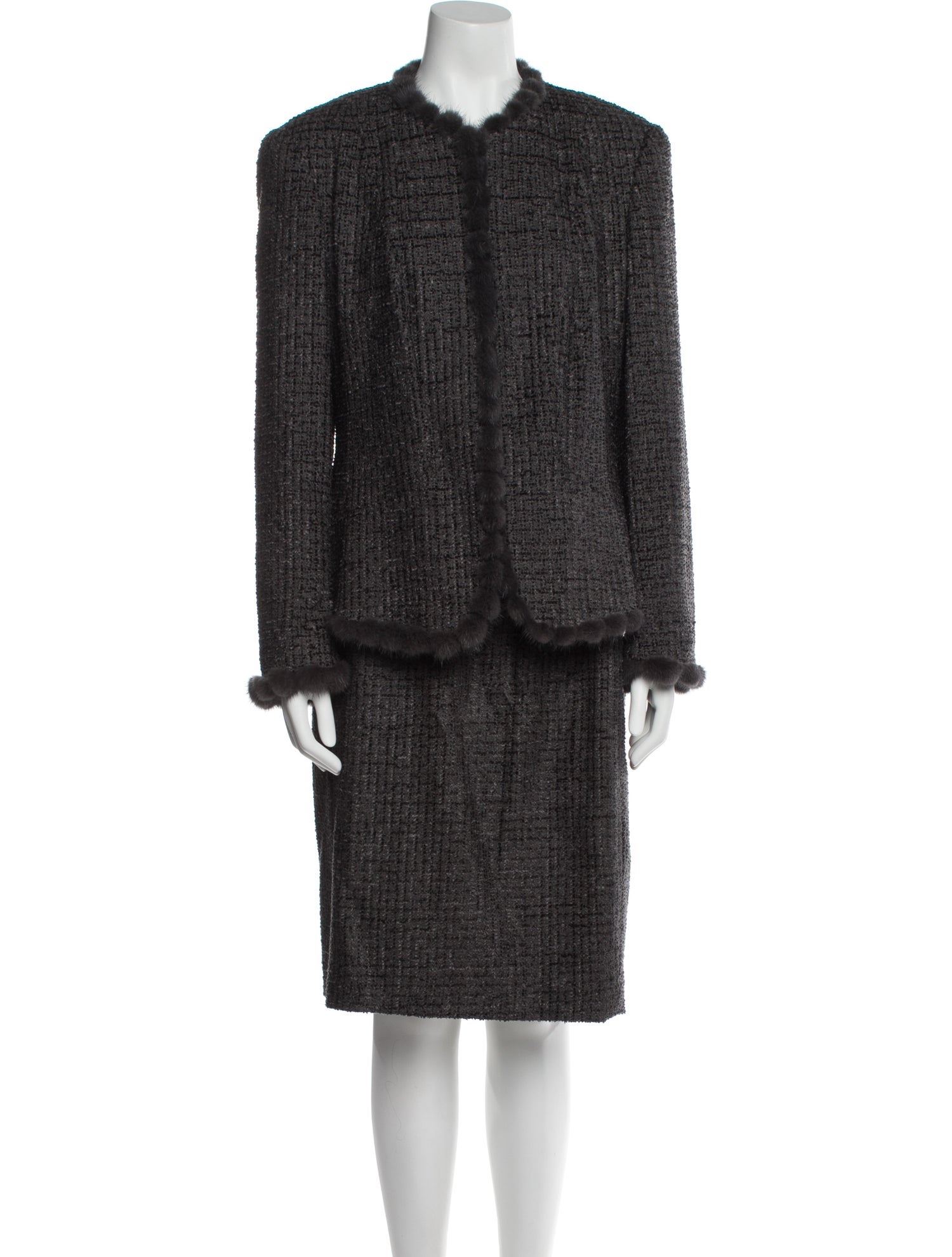 Escada Virgin Wool Fur Trim Skirt Suit