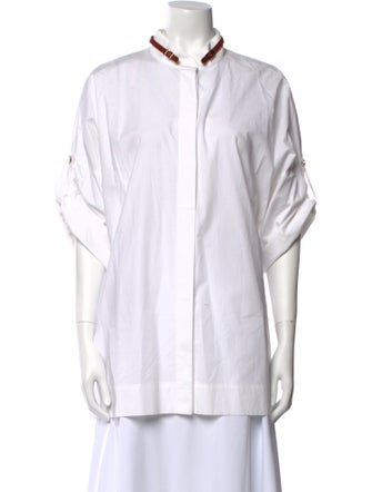 Escada Mock Neck Short Sleeve Button-Up Top