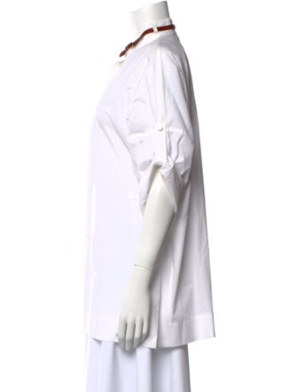 Escada Mock Neck Short Sleeve Button-Up Top