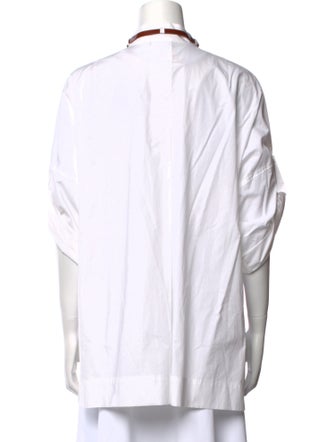 Escada Mock Neck Short Sleeve Button-Up Top