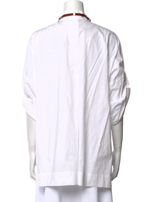 Escada Mock Neck Short Sleeve Button-Up Top