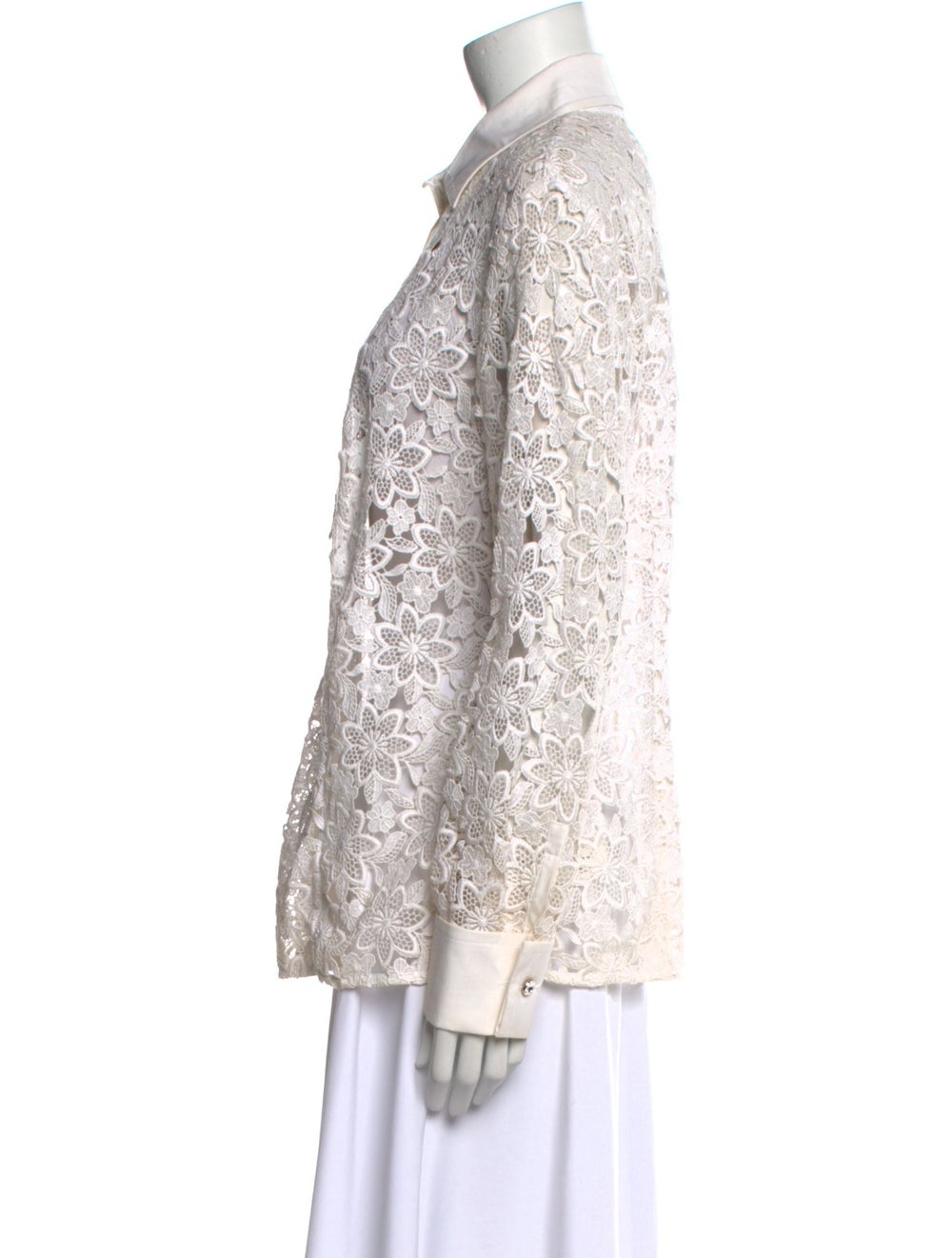 Escada Button-Up Top White Lace Pattern Long Slee… - image 2