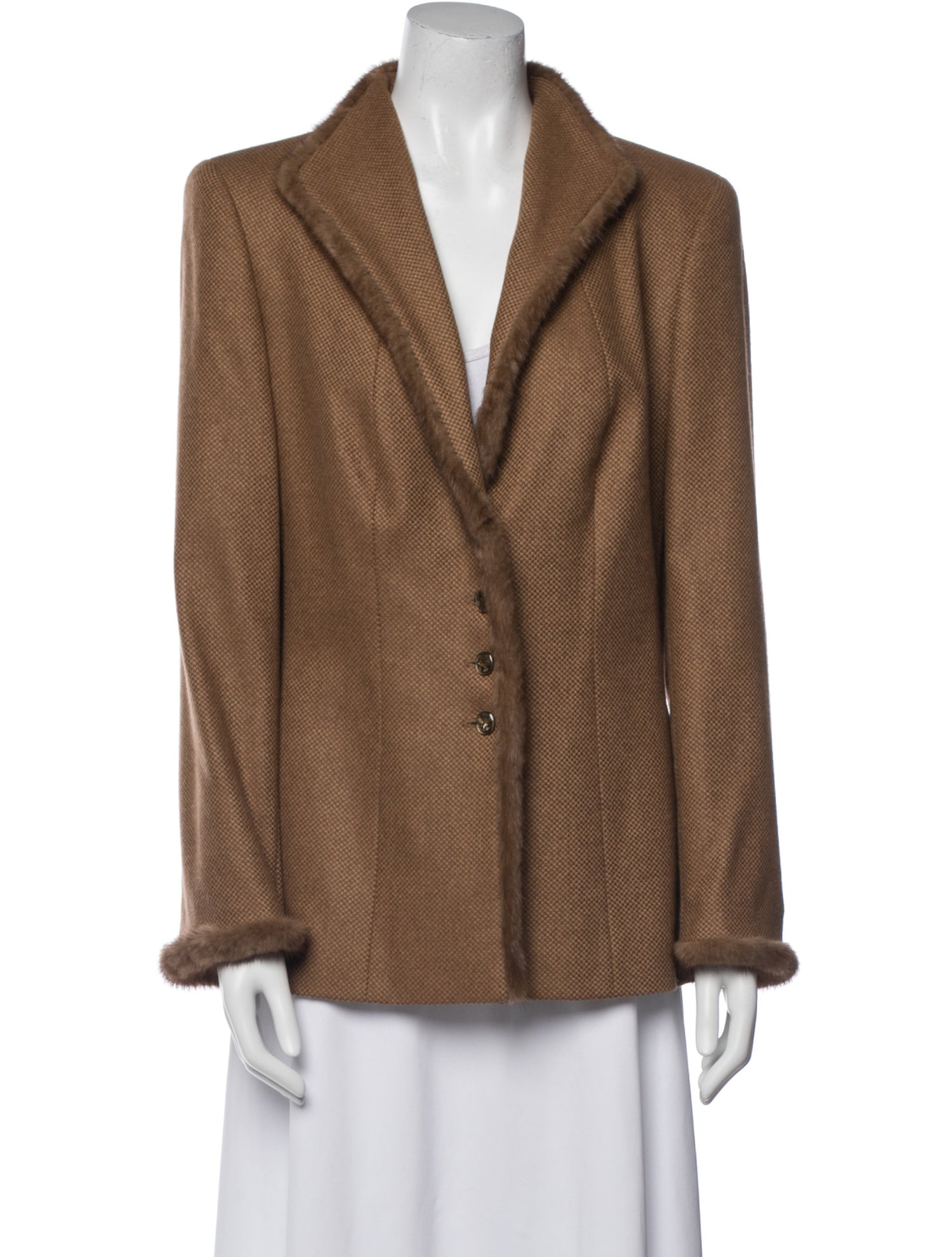 Escada Camel Hair Plaid Print Fur Jacket
