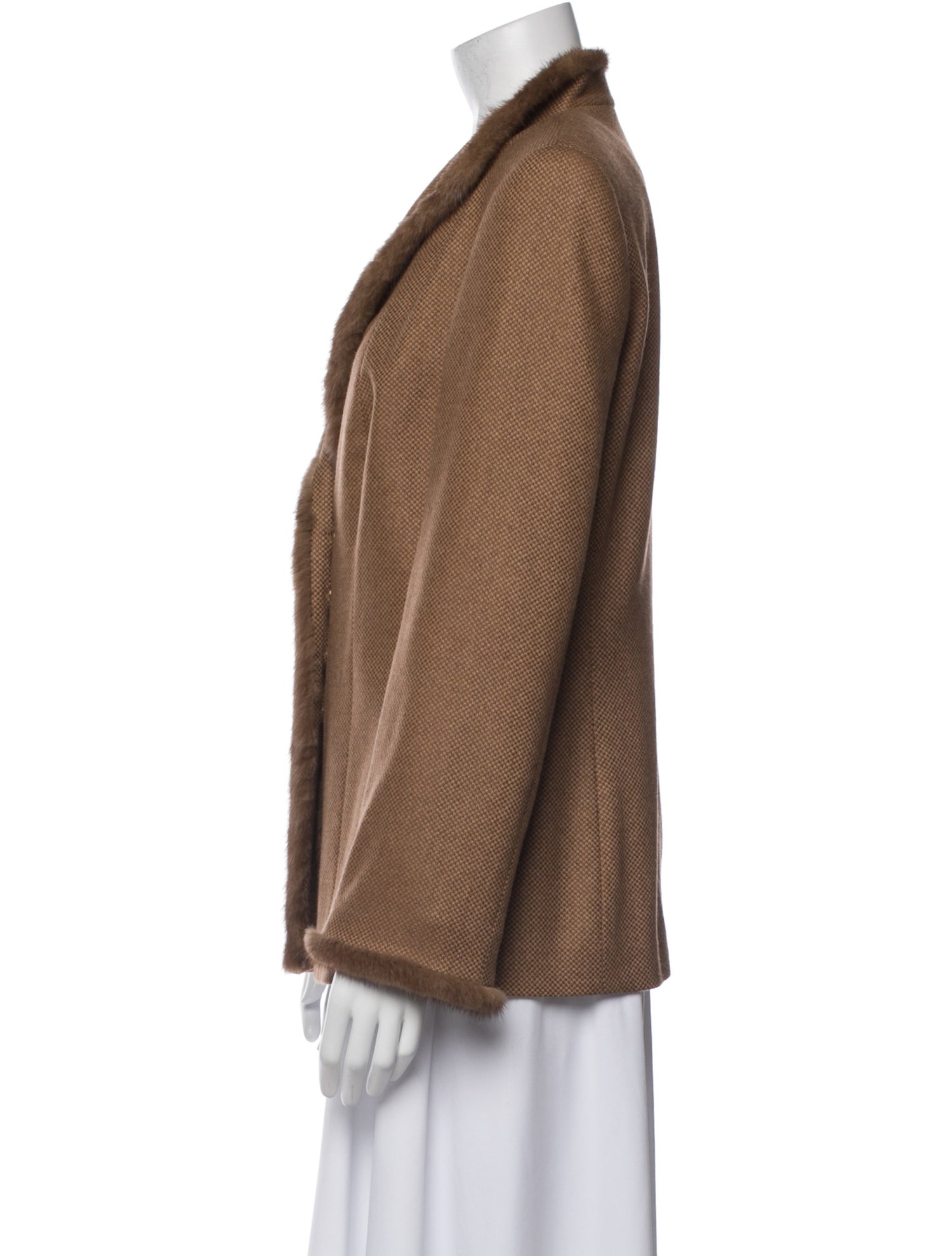 Escada Camel Hair Plaid Print Fur Jacket