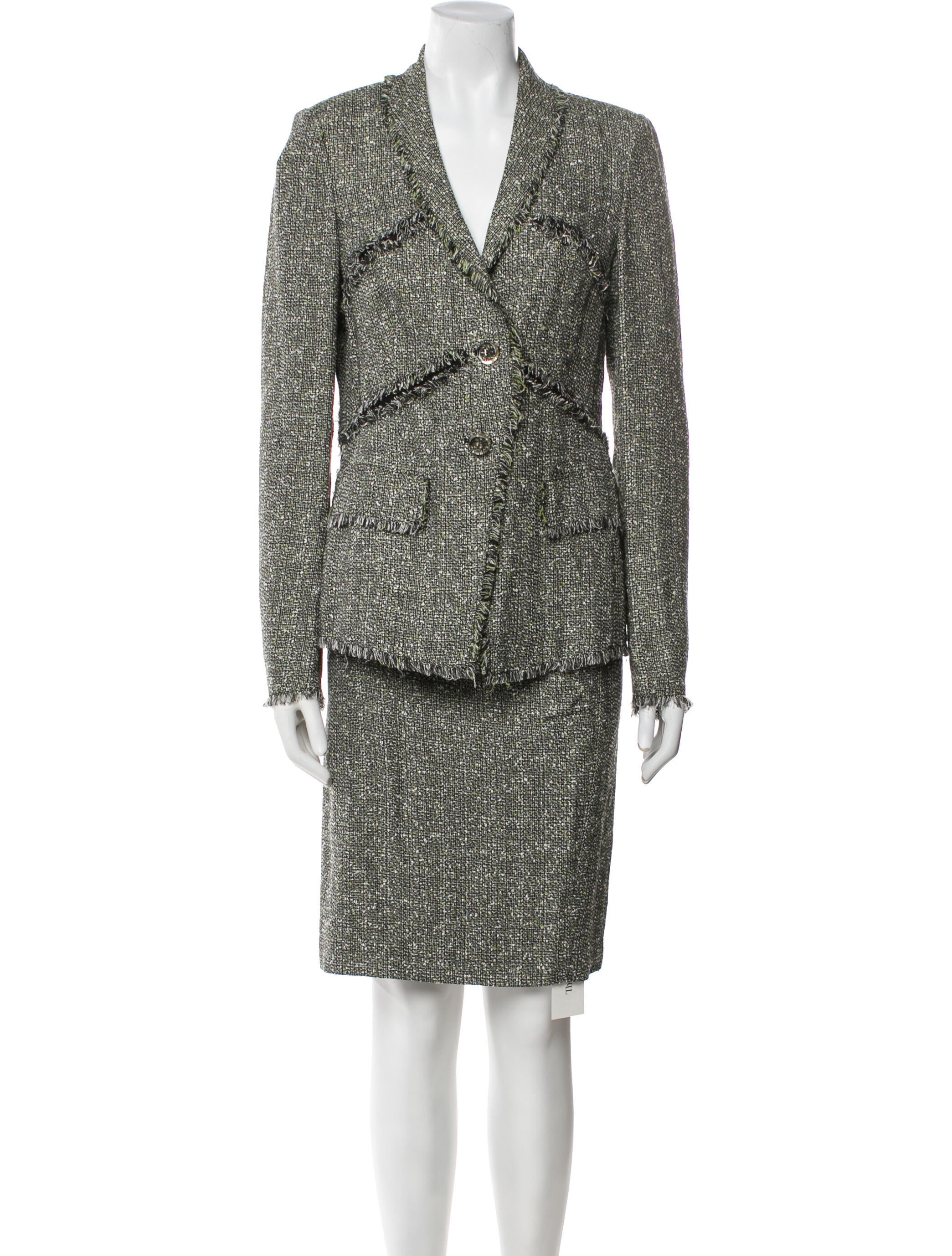Escada Tweed Pattern Raw-Edge Trim Skirt Suit