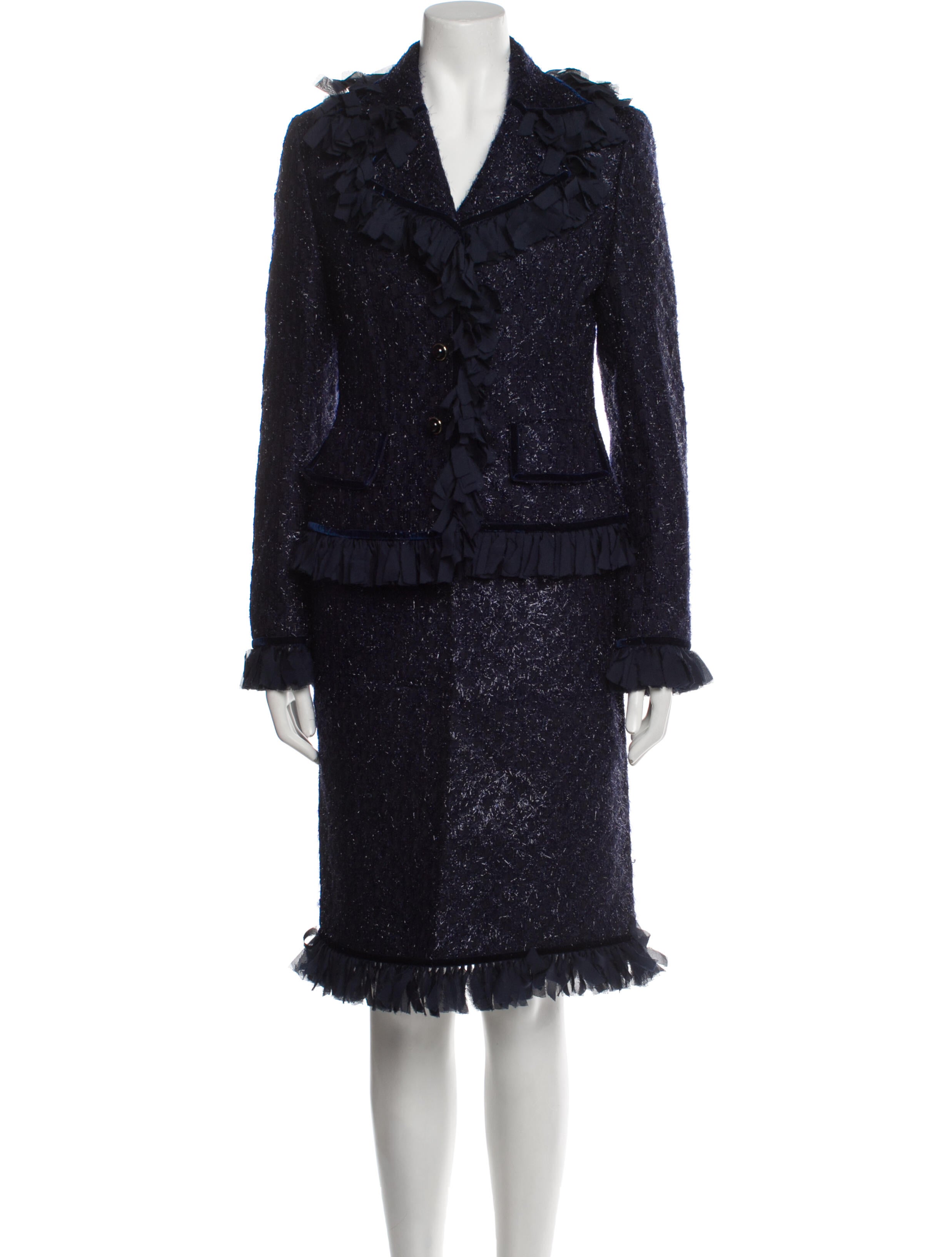 Escada Tweed Pattern Fringe Trim Accent Skirt Suit