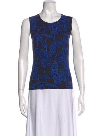Pre-owned Escada Virgin Wool Floral Print Top In Blue