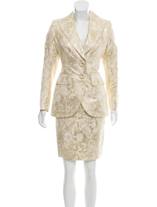 Escada Metallic Floral Patterned Skirt Suit Gold