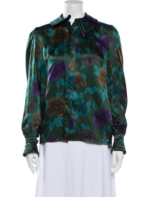 Escada Silk Floral Print Blouse Green