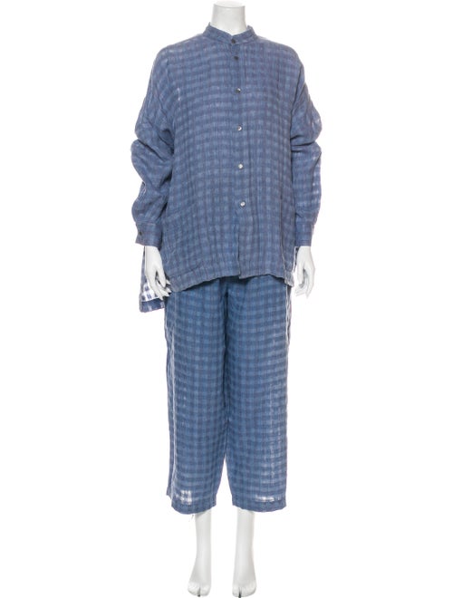 Eskandar Linen Plaid Print Pant Set Blue