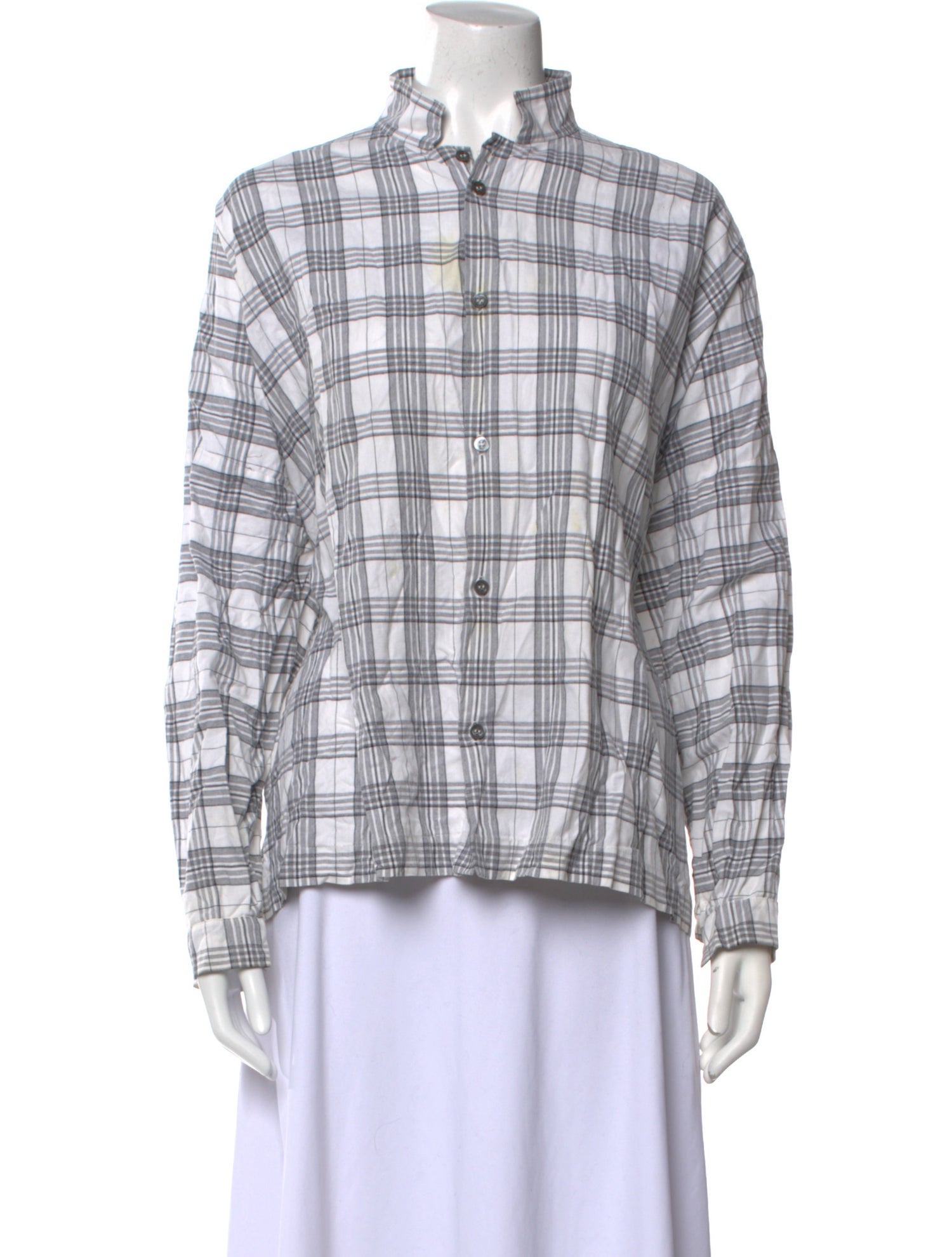 Eskandar Plaid Print Mock Neck Button-Up Top