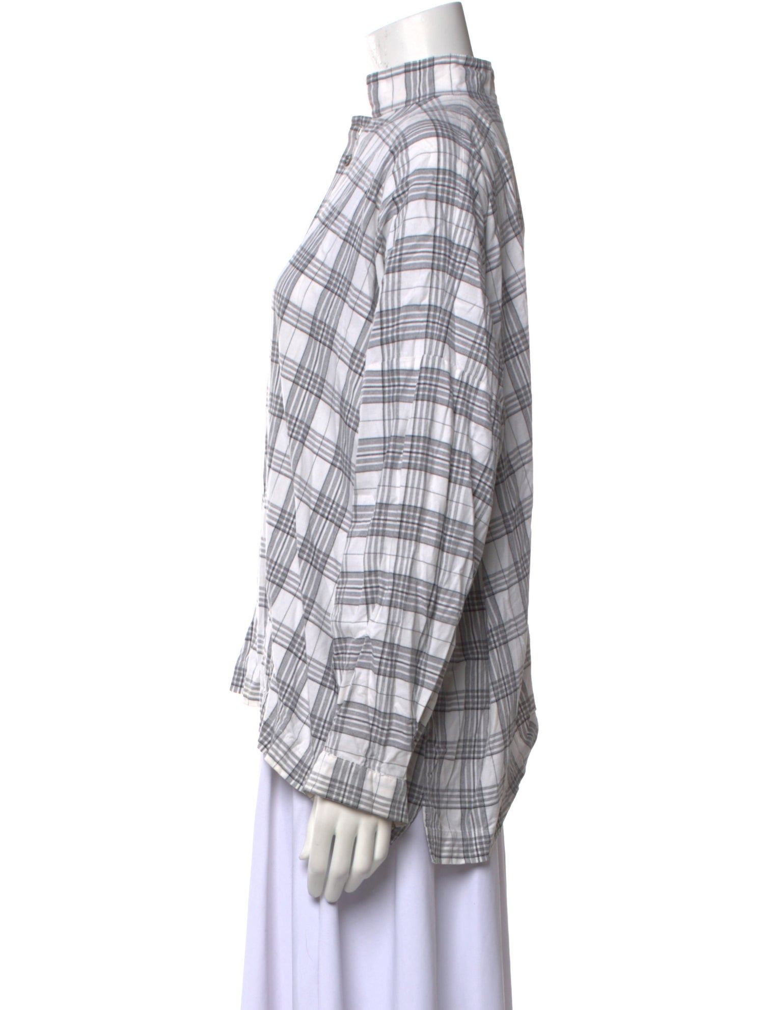 Eskandar Plaid Print Mock Neck Button-Up Top