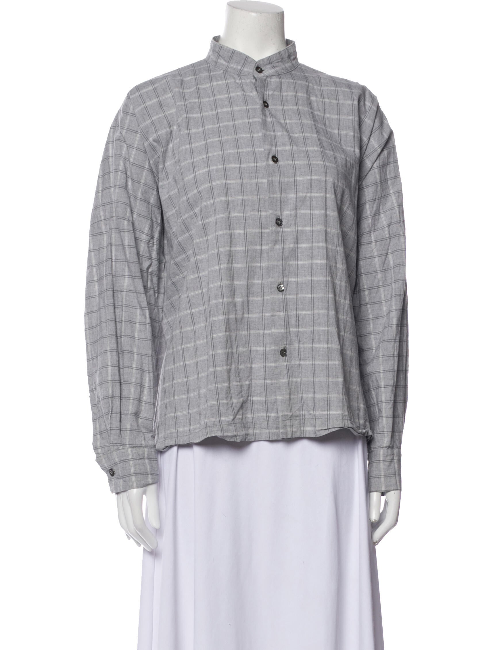 Eskandar Plaid Print Mock Neck Button-Up Top