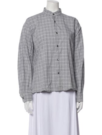 Eskandar Plaid Print Mock Neck Button-Up Top