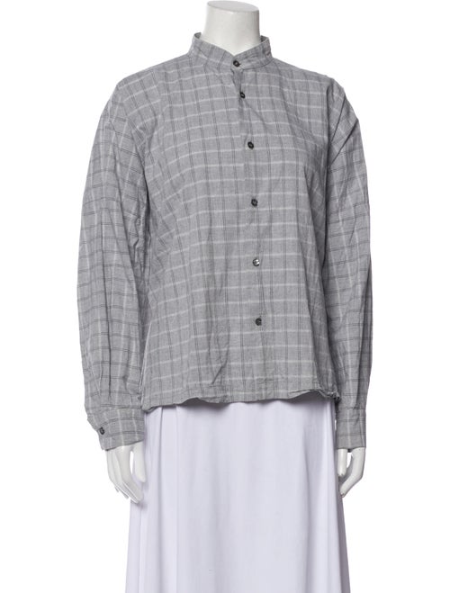 Eskandar Plaid Print Mock Neck Button-Up Top