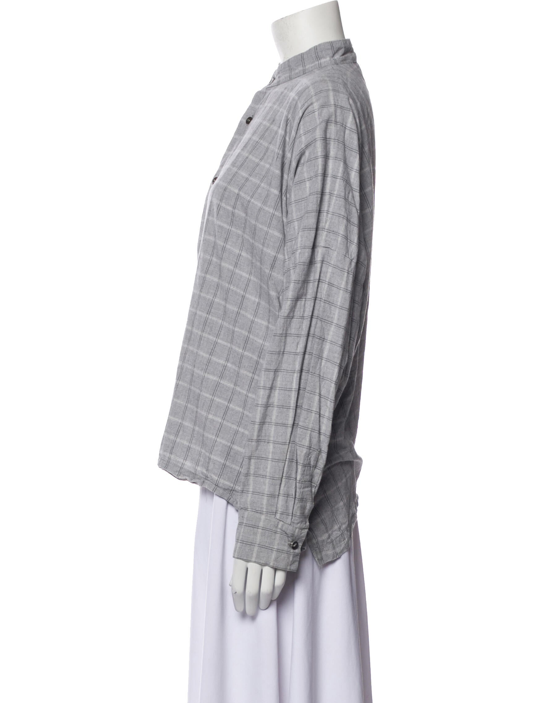 Eskandar Plaid Print Mock Neck Button-Up Top