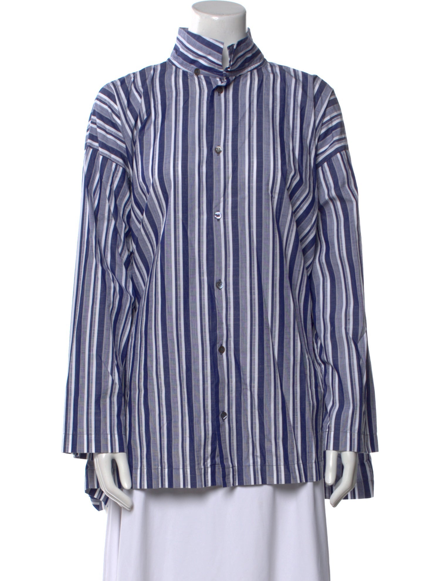 Eskandar Striped Mock Neck Button-Up Top