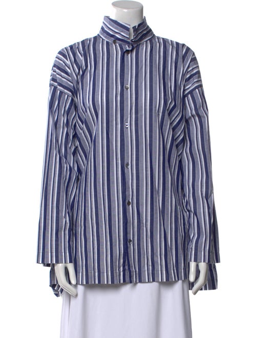 Eskandar Striped Mock Neck Button-Up Top