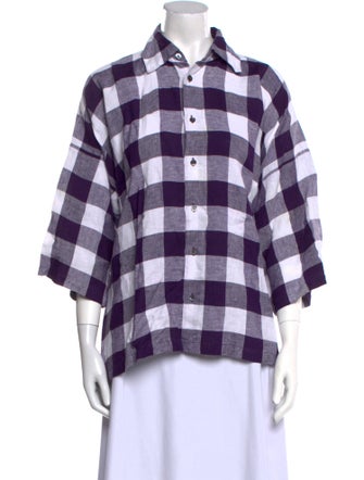 Eskandar Linen Plaid Print Button-Up Top