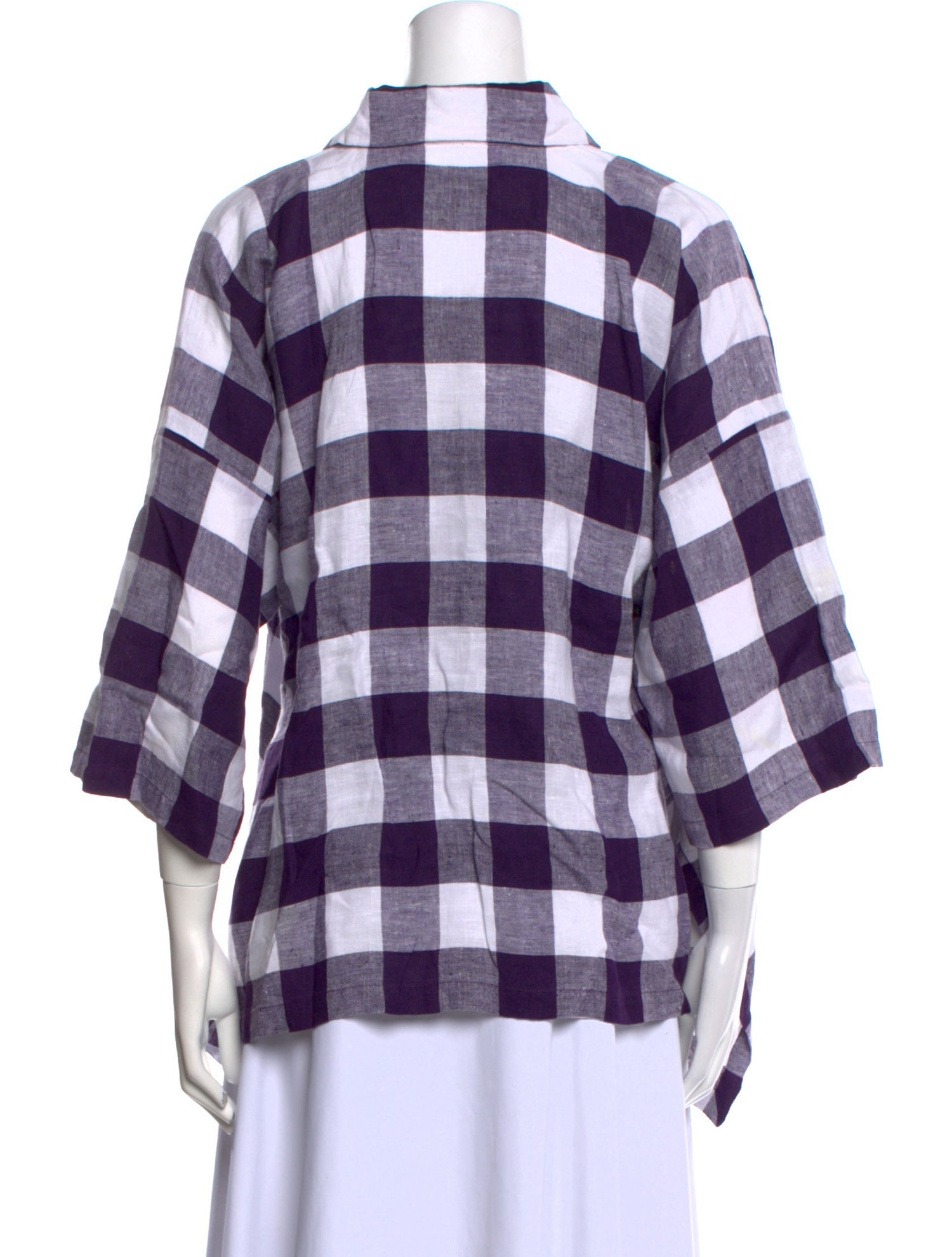 Eskandar Linen Plaid Print Button-Up Top