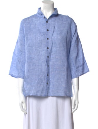 Eskandar Linen Plaid Print Button-Up Top