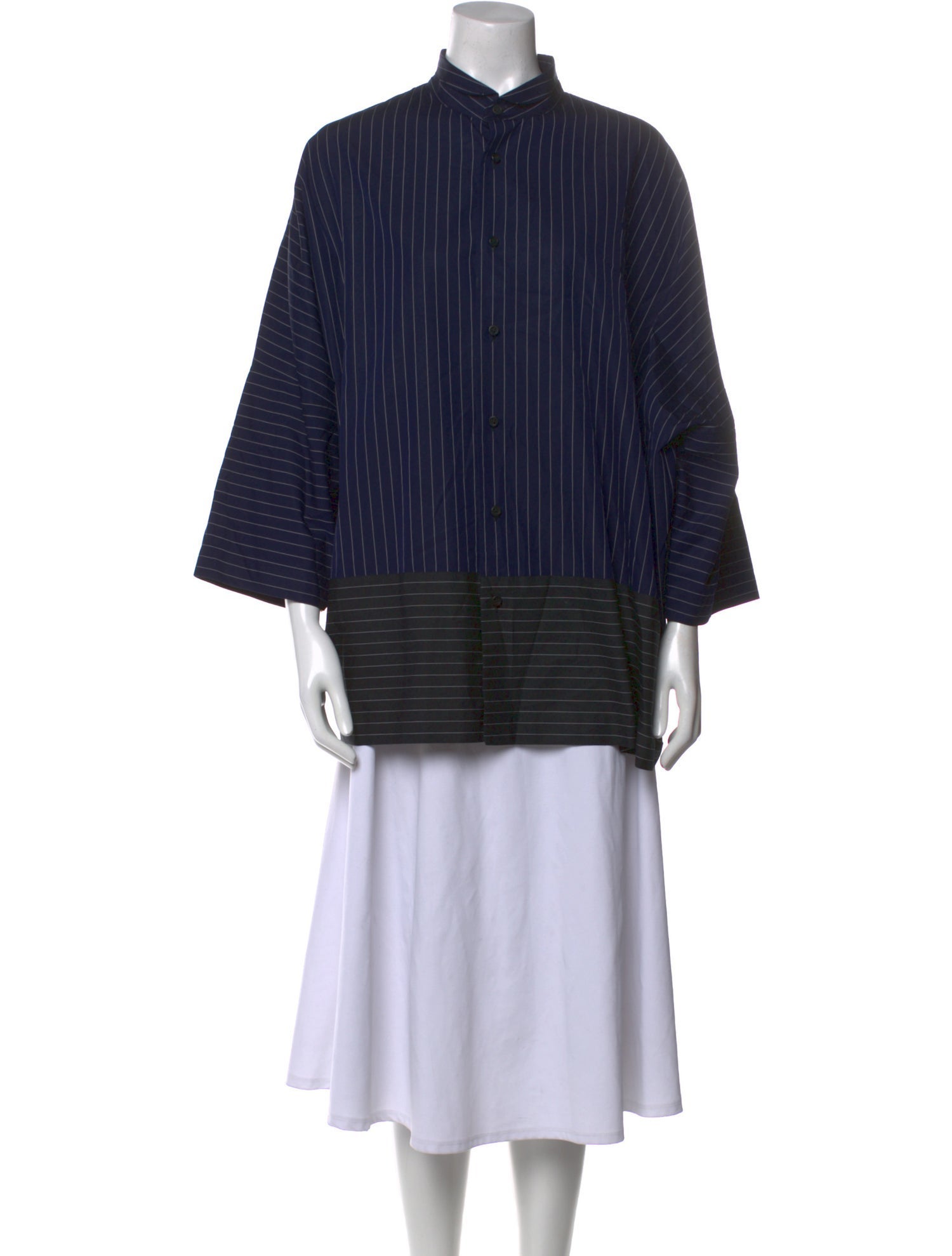 Eskandar Striped Mock Neck Button-Up Top