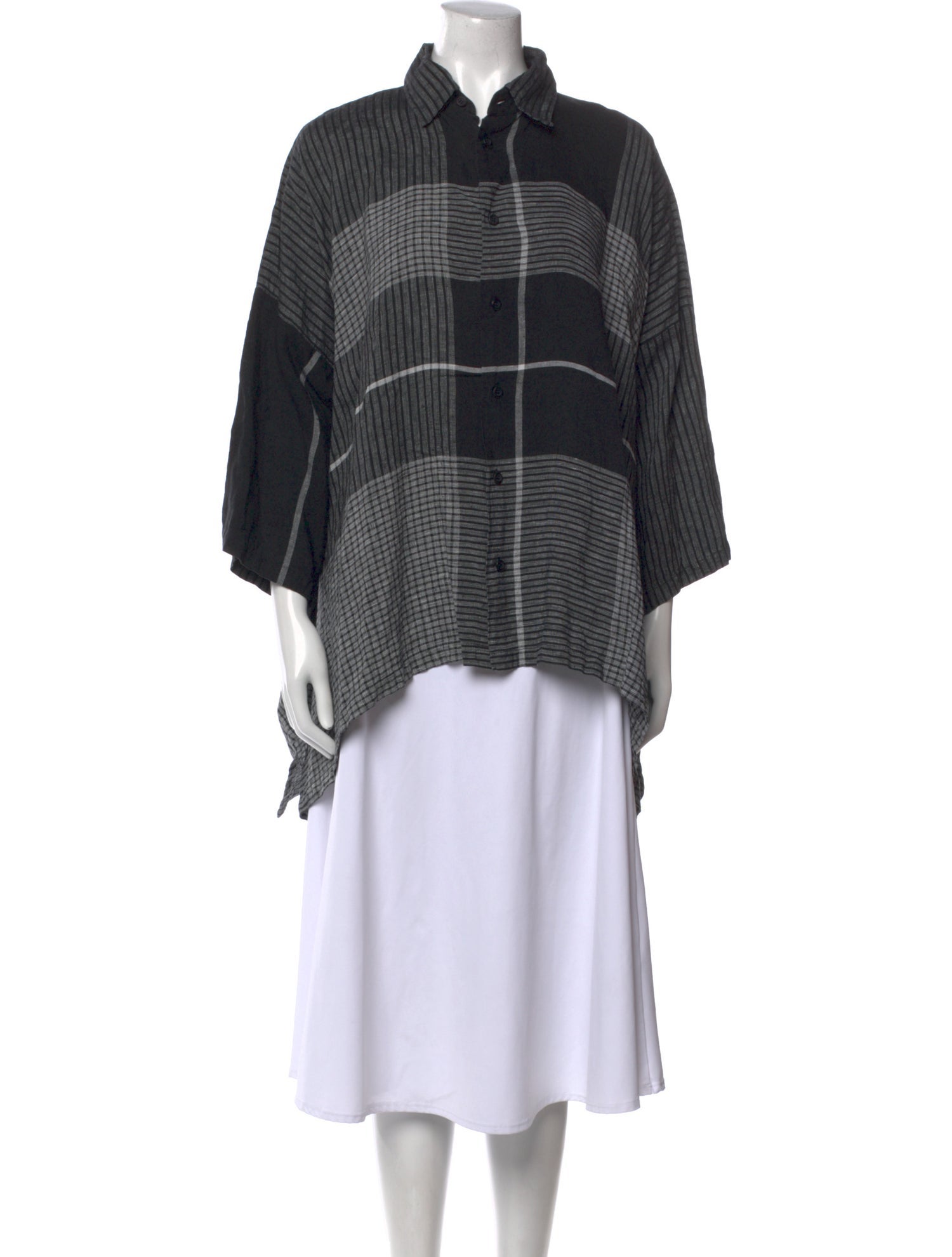 Eskandar Linen Plaid Print Button-Up Top