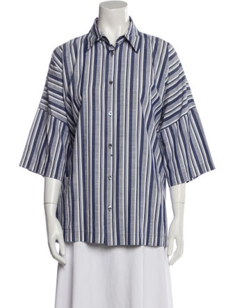 Eskandar Striped Three-Quarter Sleeve Button-Up Top
