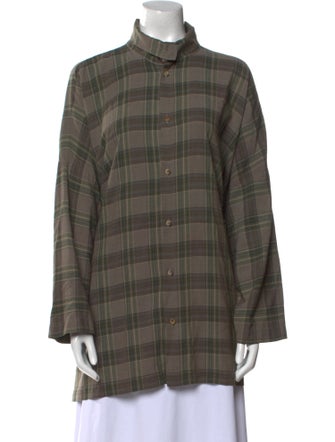 Eskandar Plaid Print Mock Neck Button-Up Top