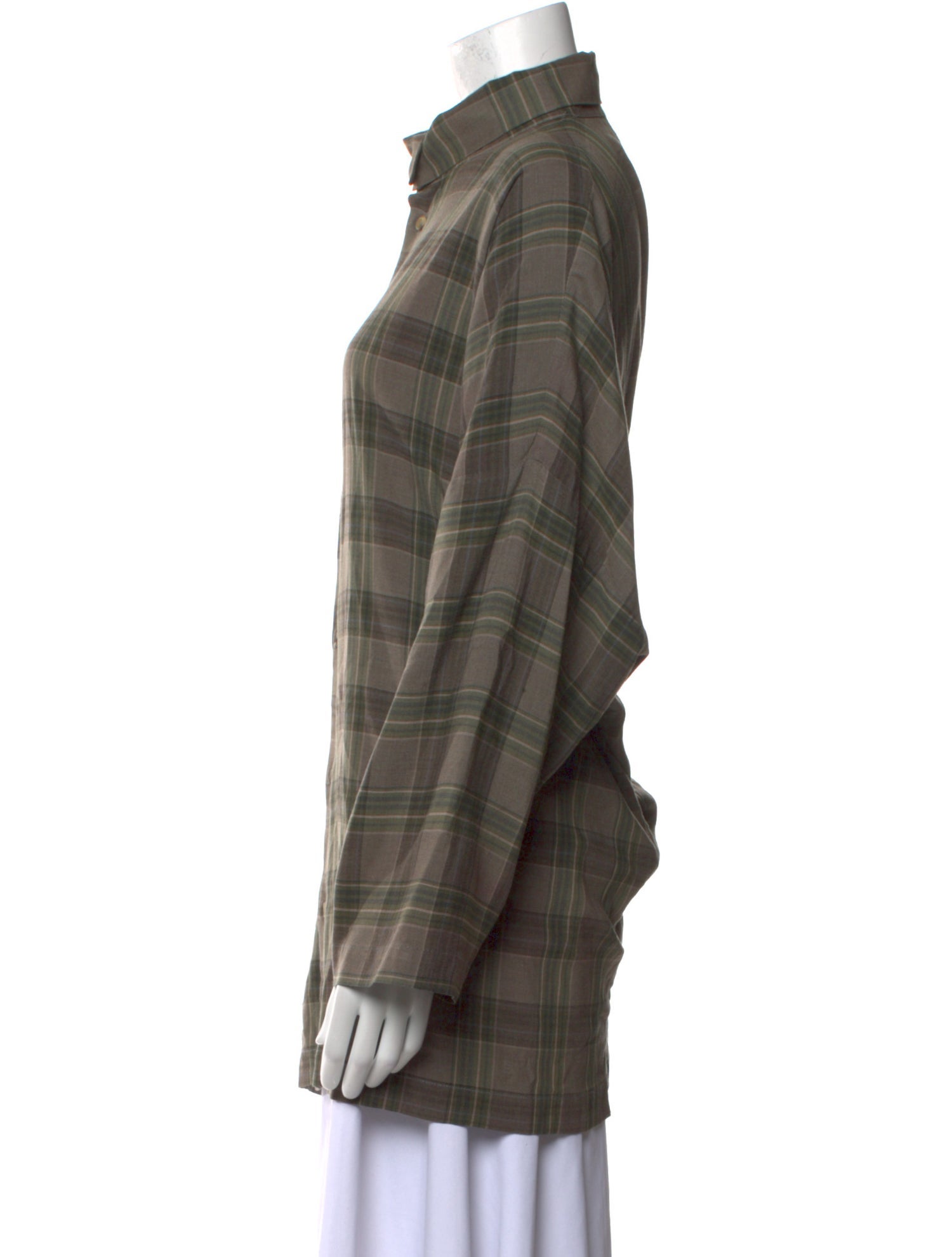 Eskandar Plaid Print Mock Neck Button-Up Top