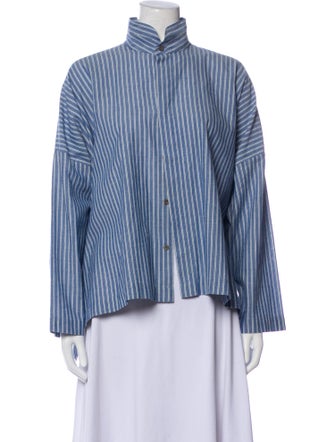 Eskandar Striped Mock Neck Button-Up Top