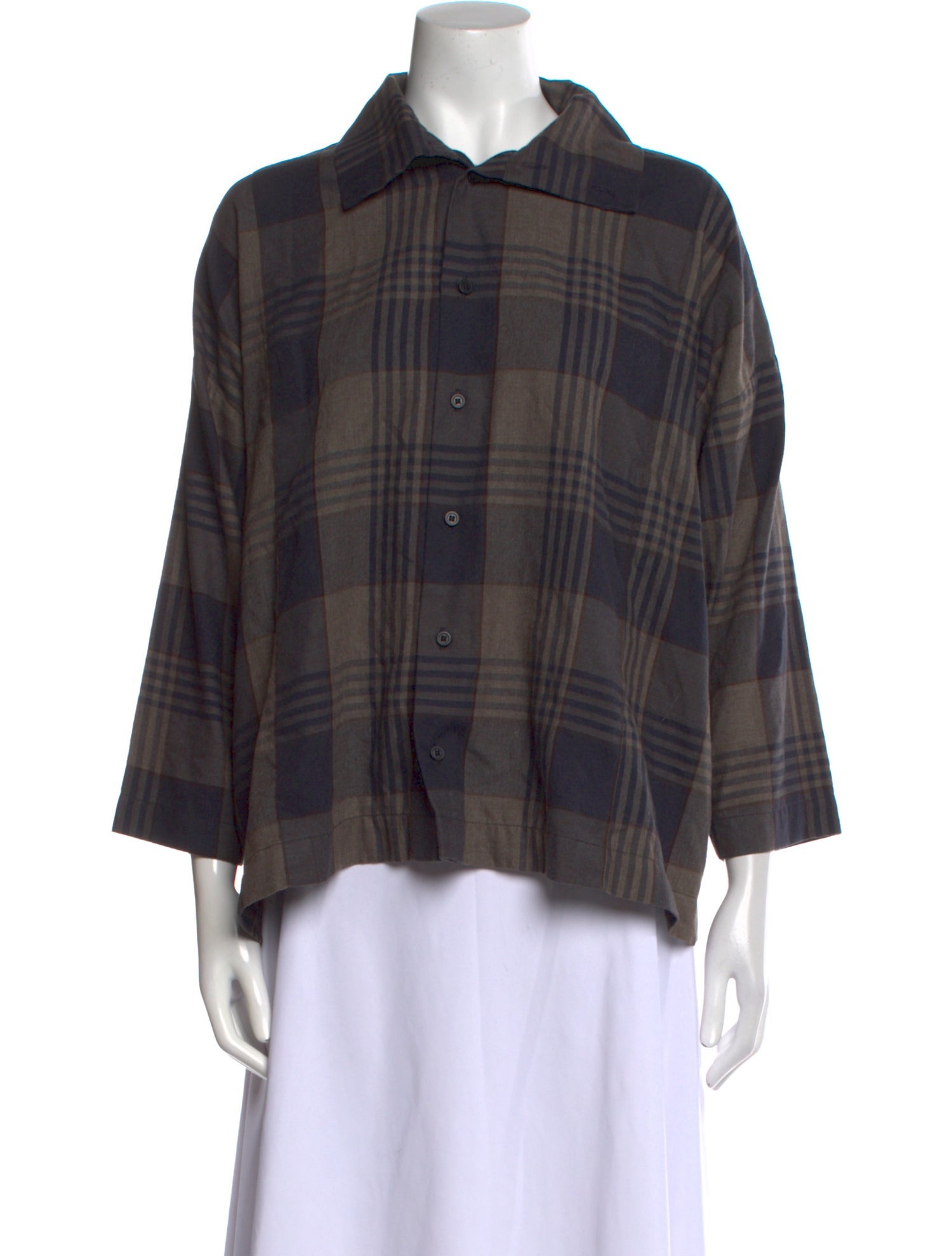 Eskandar Plaid Print Three-Quarter Sleeve Button-Up Top