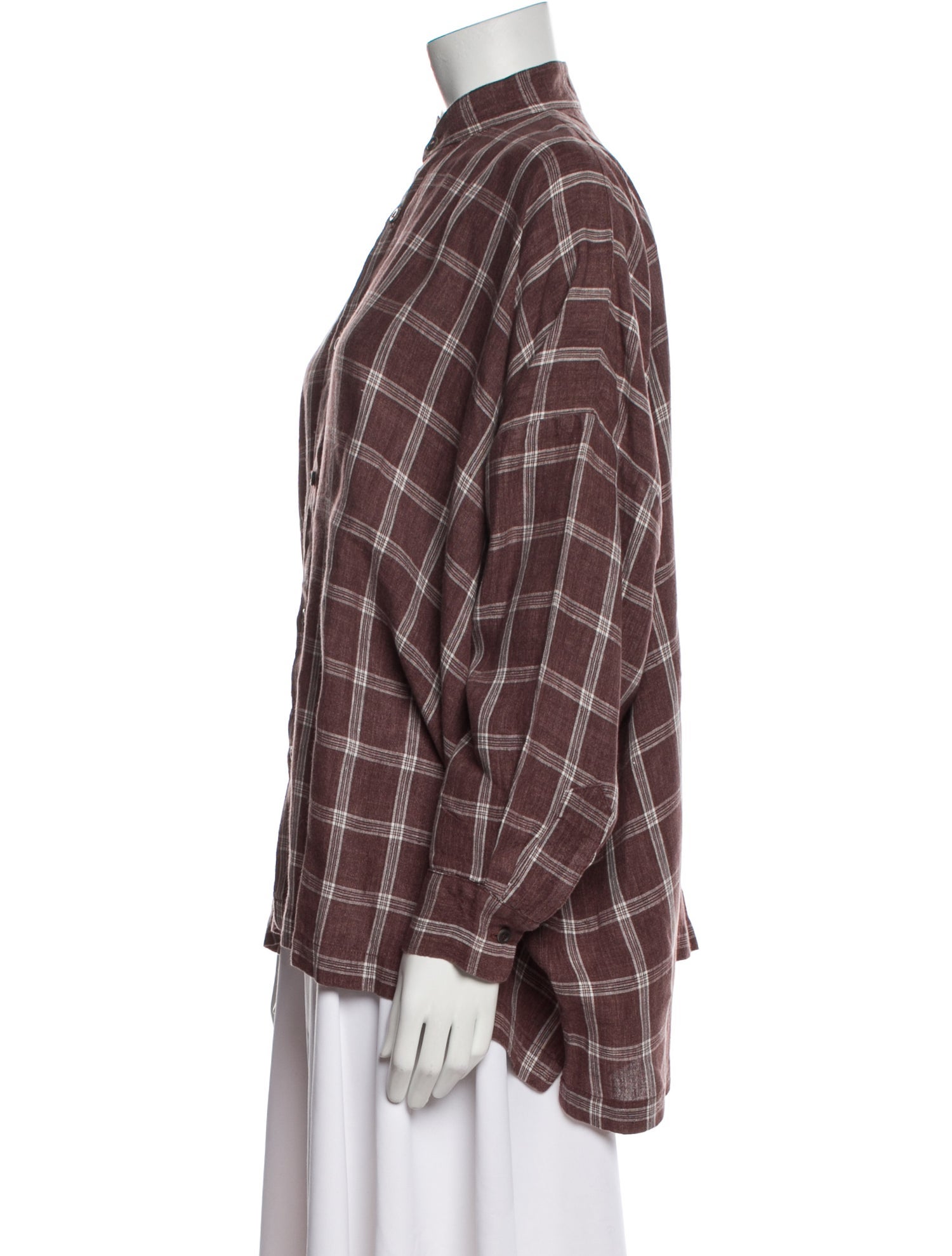 Eskandar Linen Plaid Print Button-Up Top