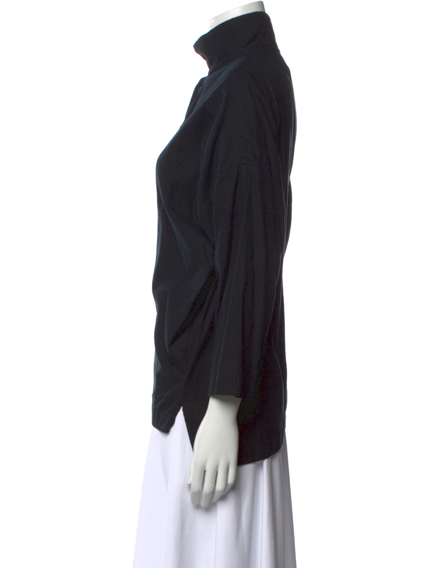 Eskandar Mock Neck Three-Quarter Sleeve Button-Up Top