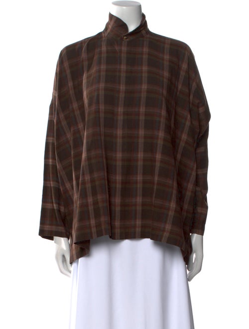 Eskandar Plaid Print Mock Neck Button-Up Top