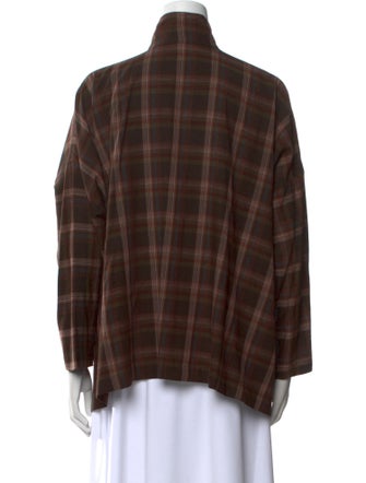 Eskandar Plaid Print Mock Neck Button-Up Top