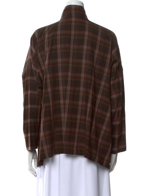 Eskandar Plaid Print Mock Neck Button-Up Top